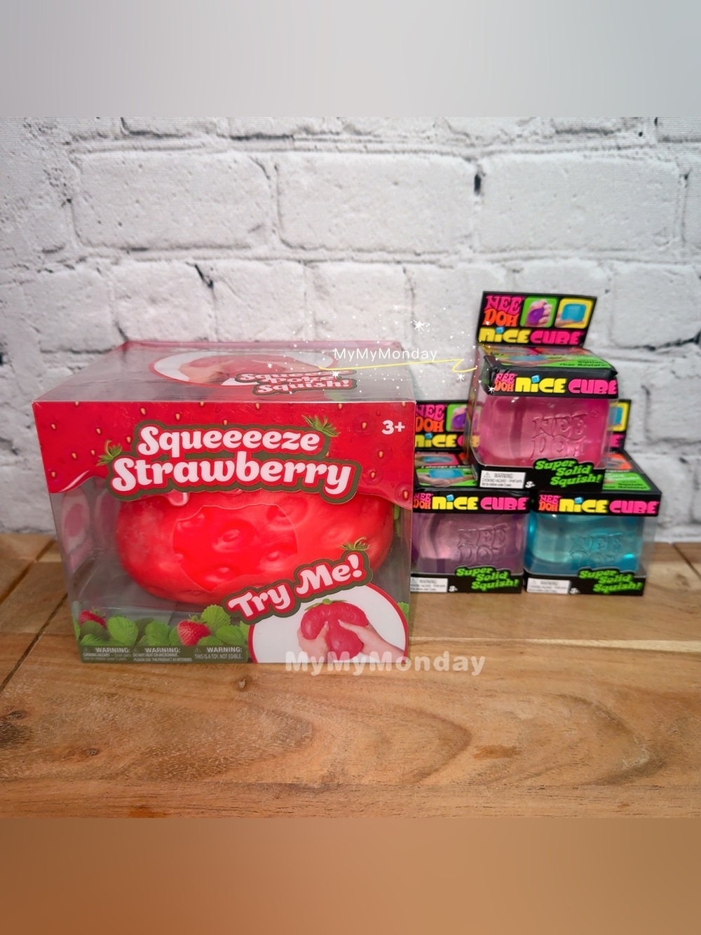 NeeDoh Nice Cube Squishy Set and Sunny Days Jumbo Strawberry Squishy Bundle